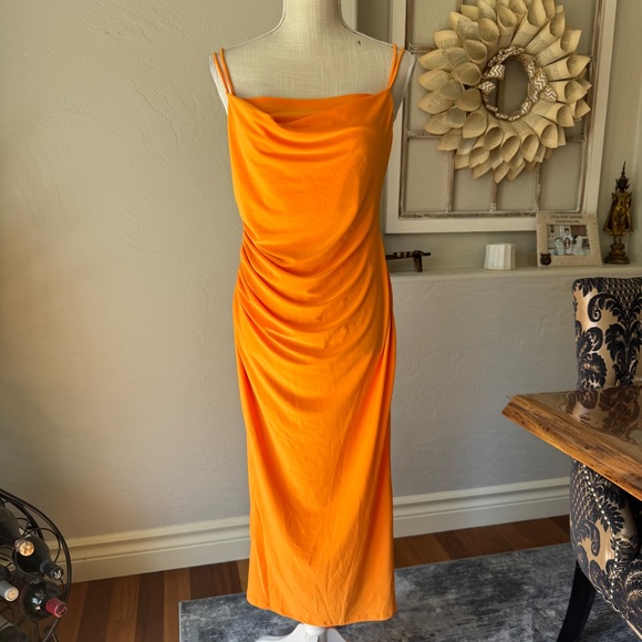 Zara Dress Women's Draped Neckline Fitted Slip Fit Vibrant Orange Summer Dress M - Picture 3 of 12